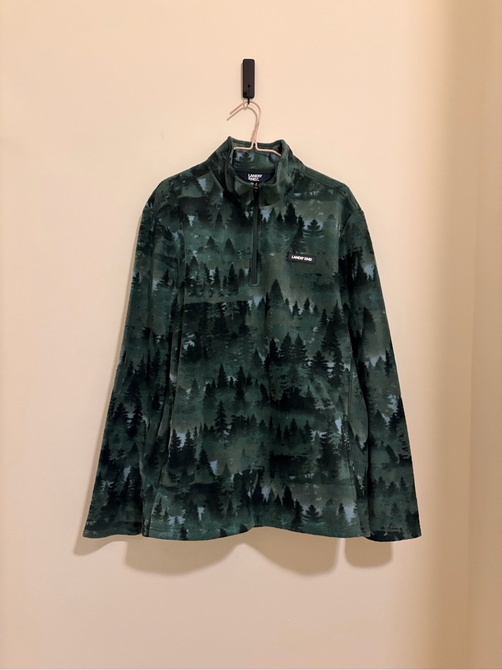 Lands' End Men’s Dark Green Forest-Print Half-Zip Fleece Pullover